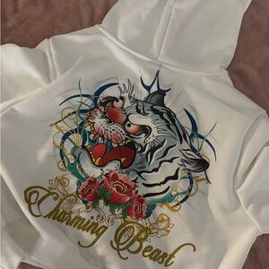 White Hoodie with Tiger and Rose Design